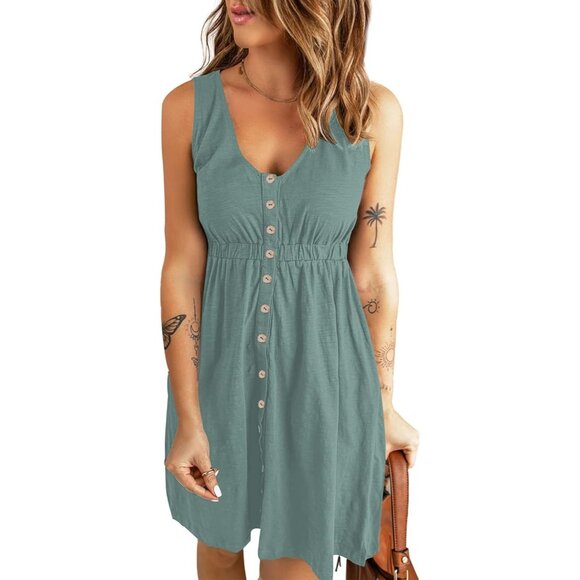 🆕Women Light Green Polyester Sleeveless Button Down A-Line  Dress with Pocket - Picture 1 of 4